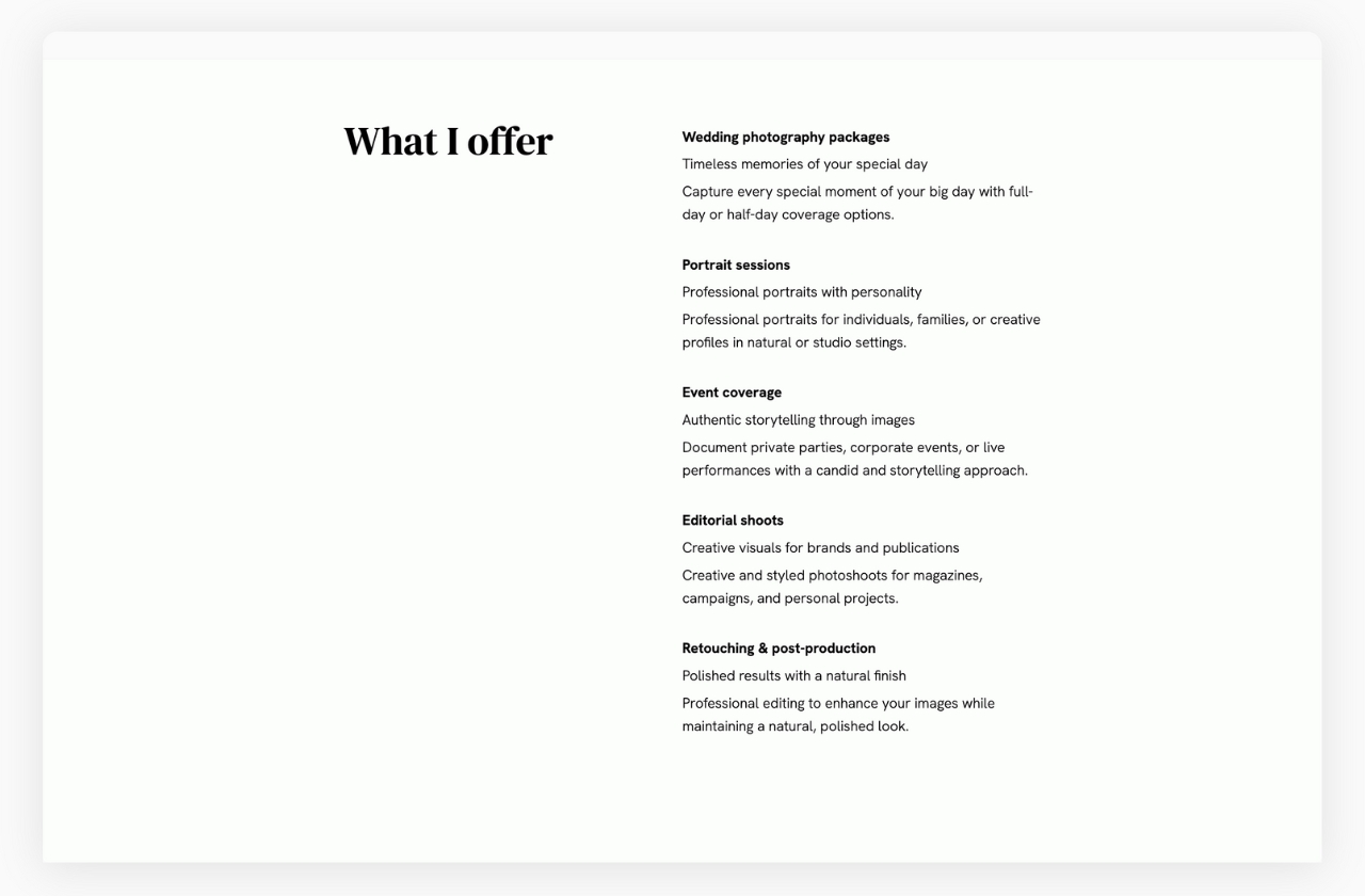 Present your work and services with lists on your portfolio website