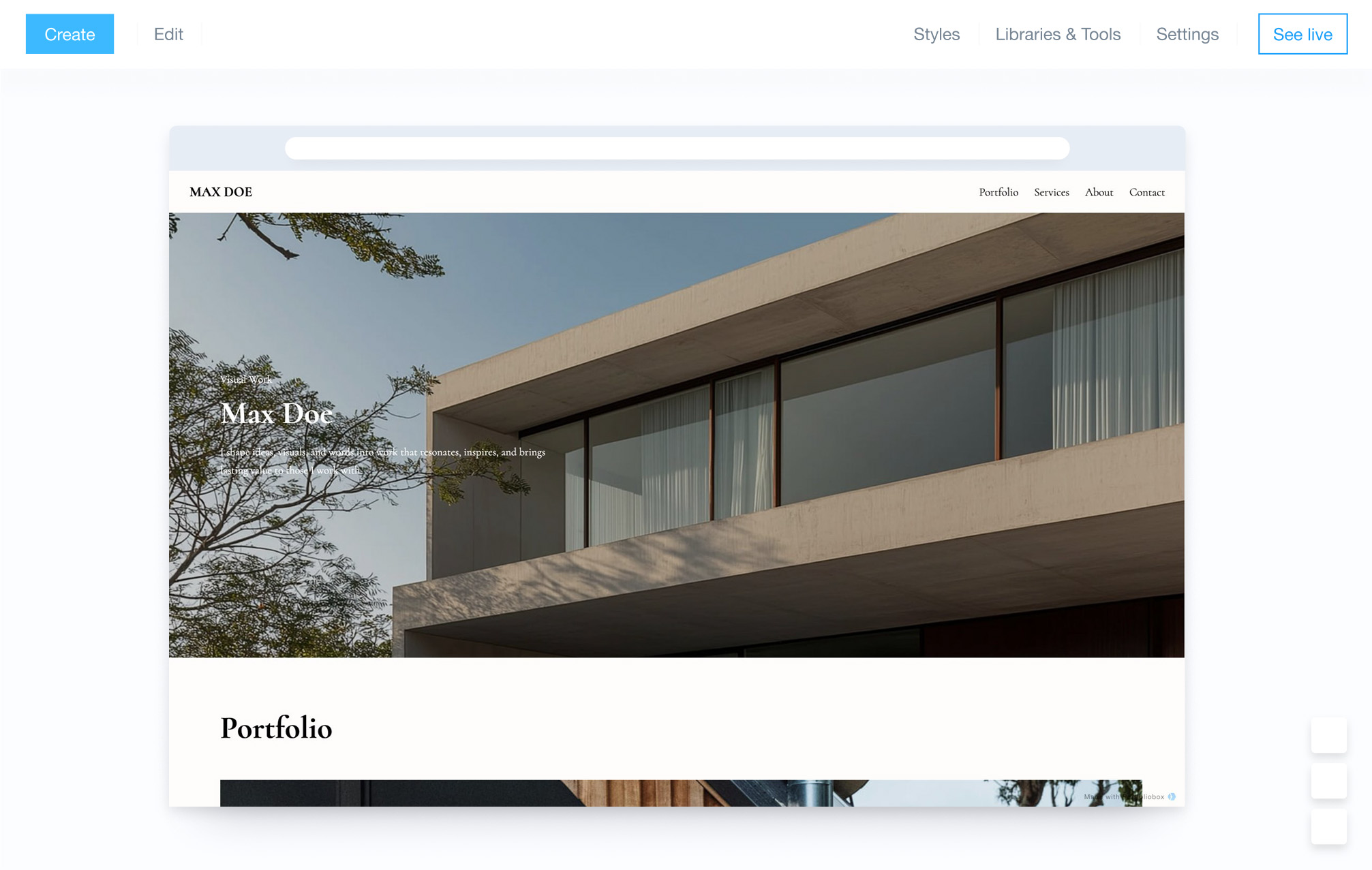 ポートフォリオボックスウェブサイトビルダーの管理パネル