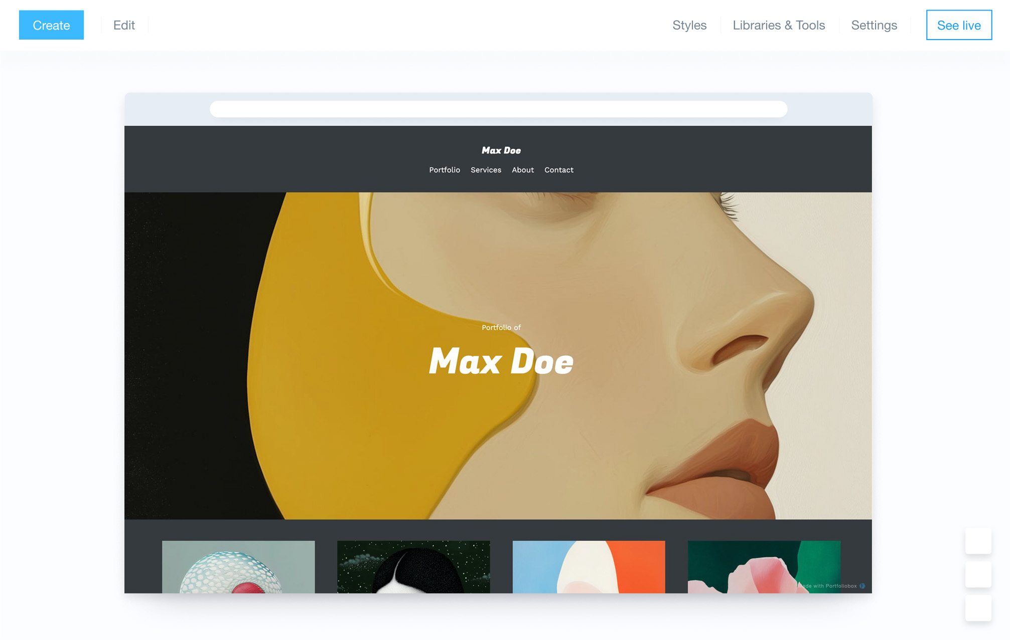 ポートフォリオボックスウェブサイトビルダーの管理パネル