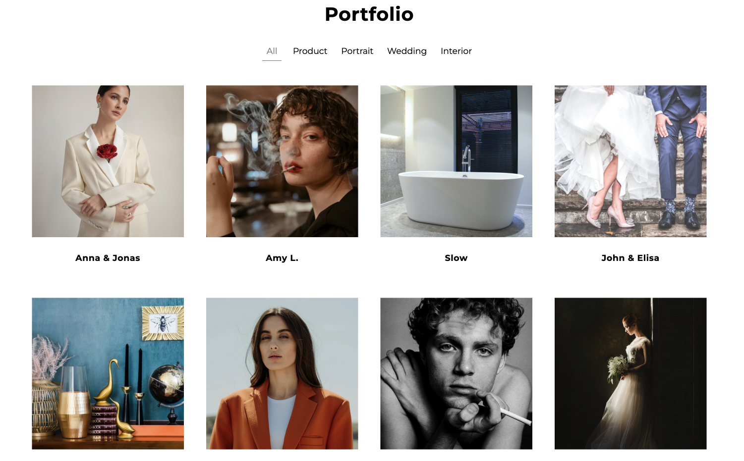 Link page with category in a photography portfolio