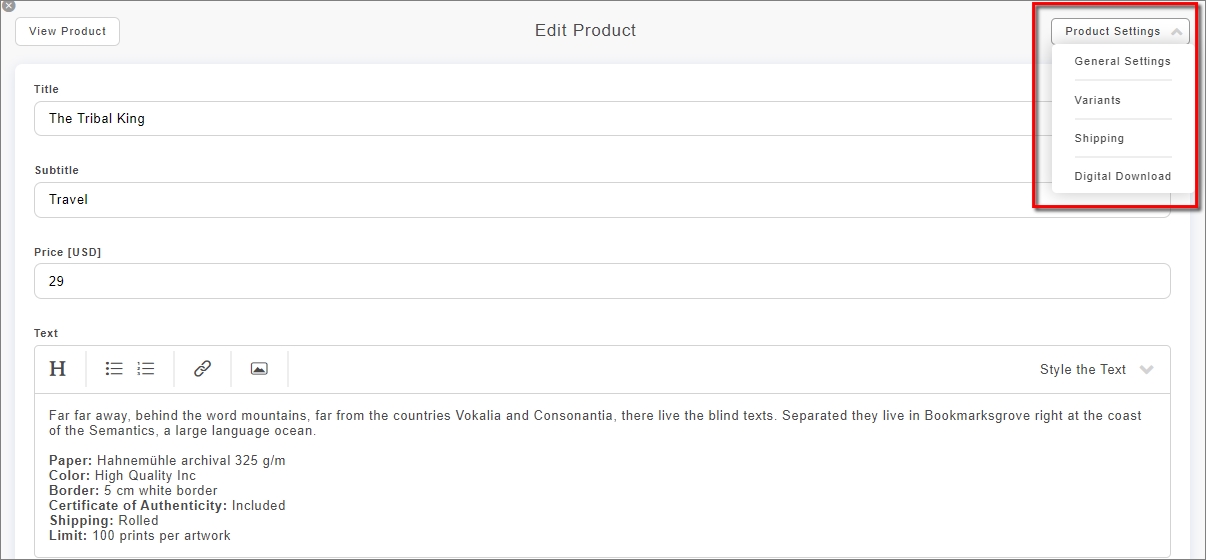 Product settings options