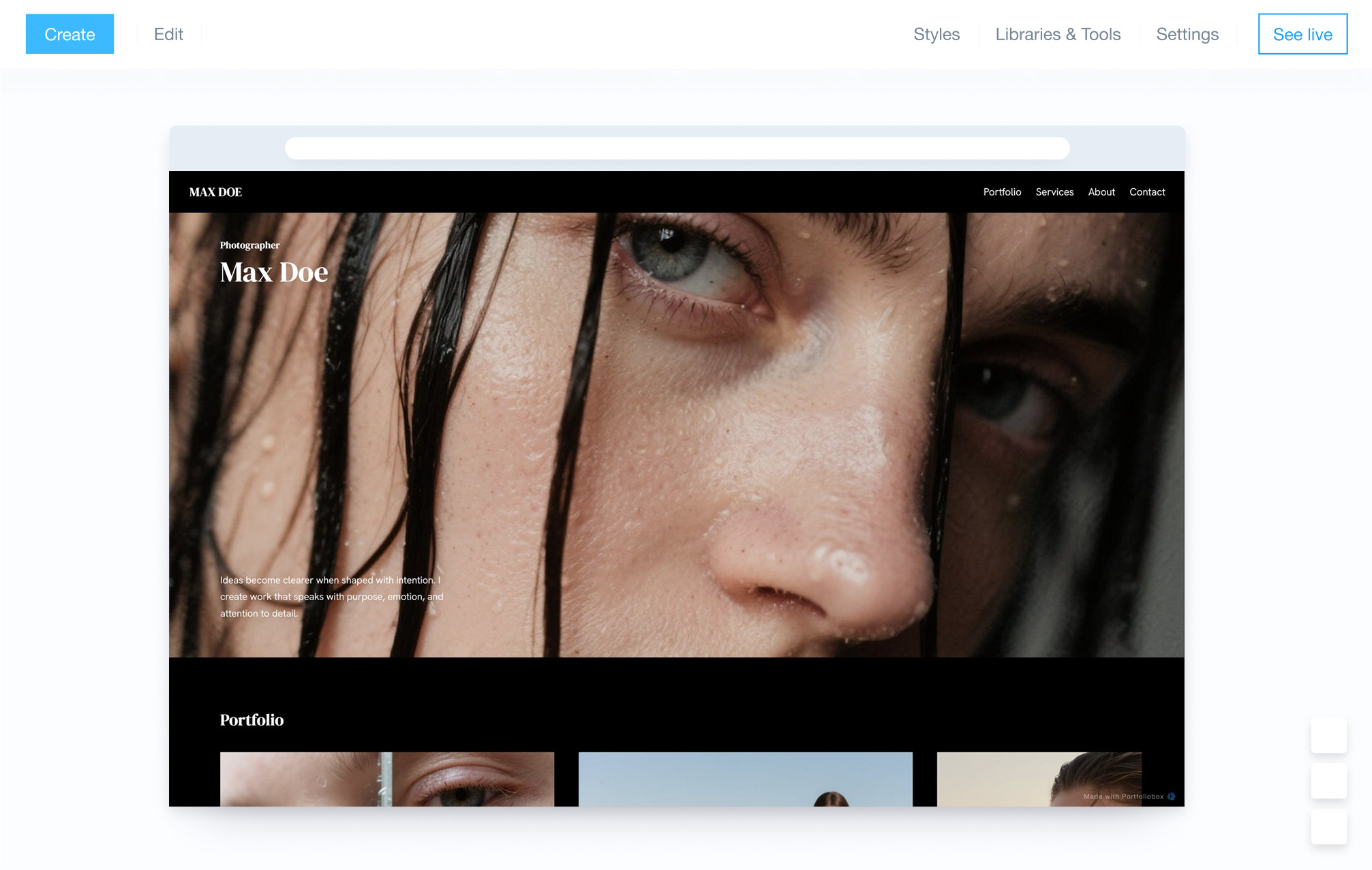 Adminpanel i Portfoliobox nettstedsbygger
