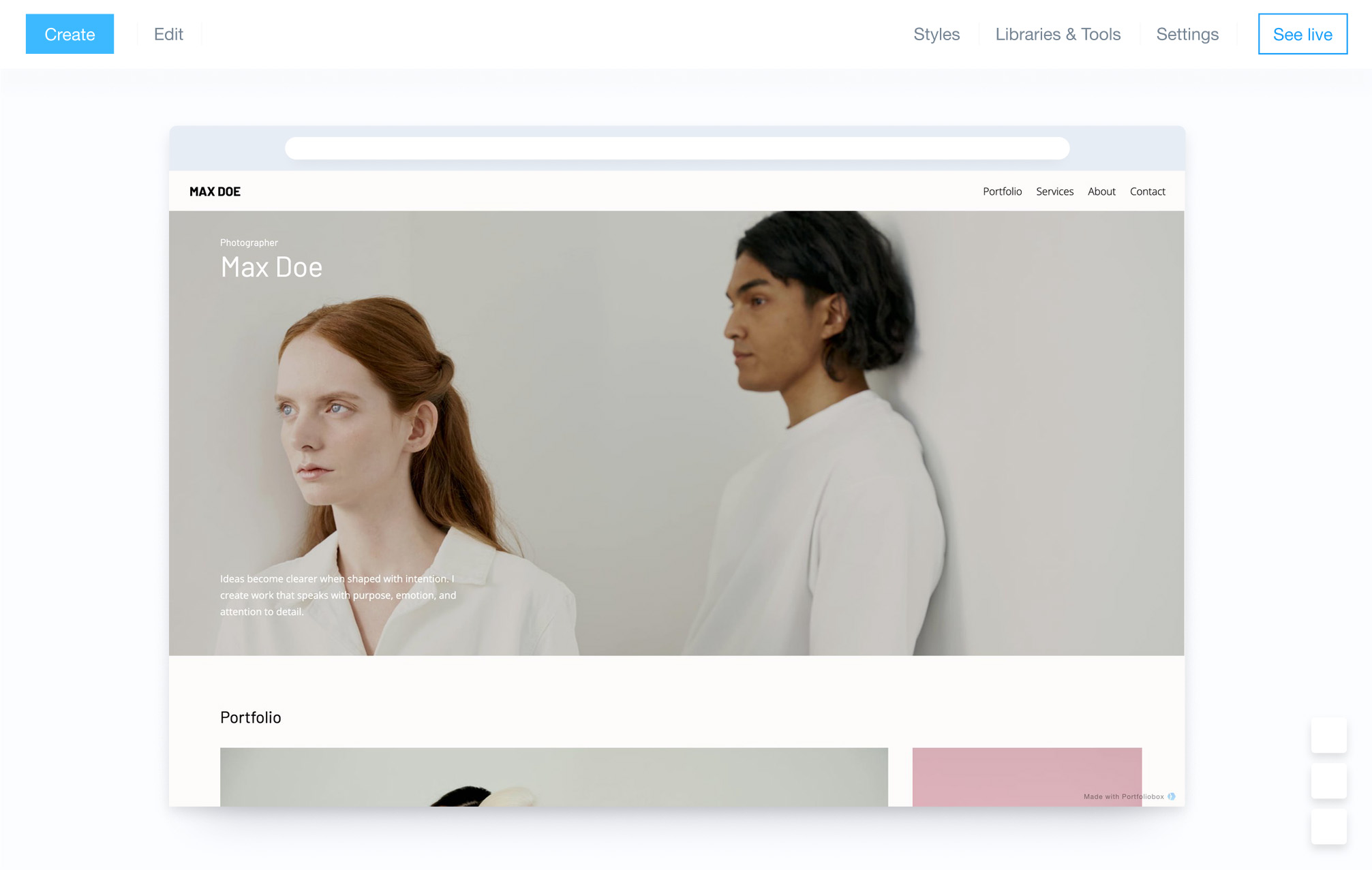 ポートフォリオボックスウェブサイトビルダーの管理パネル
