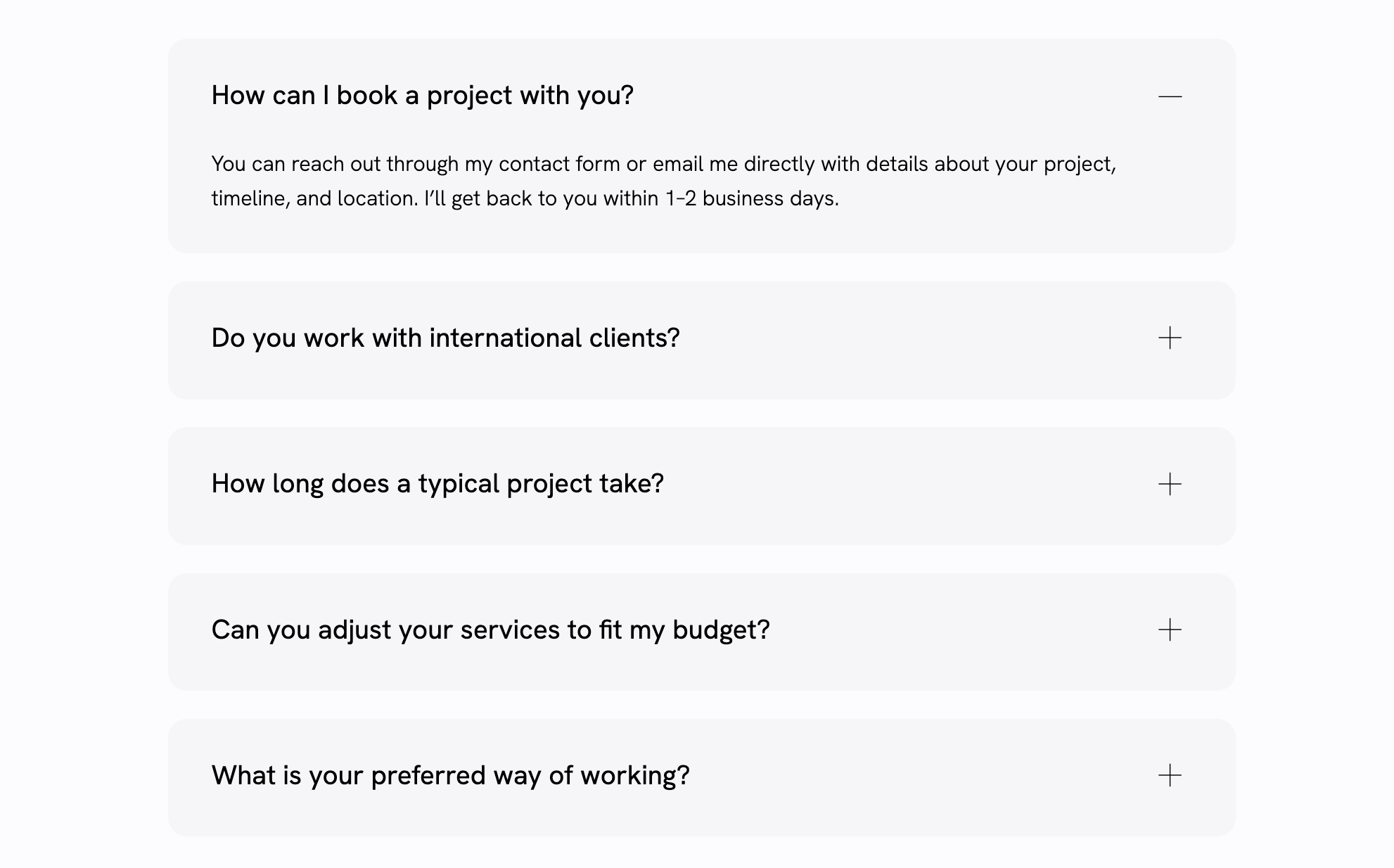 List an FAQ section on the about page of your photography portfolio