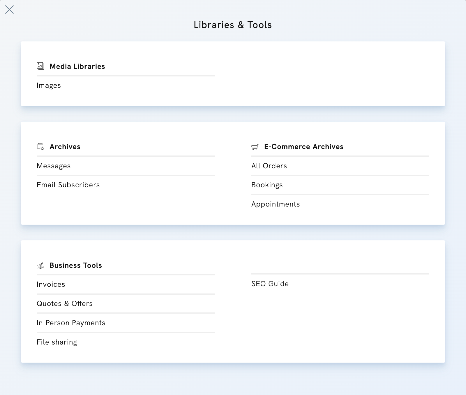 Libraries and tools in the Portfoliobox Admin panel