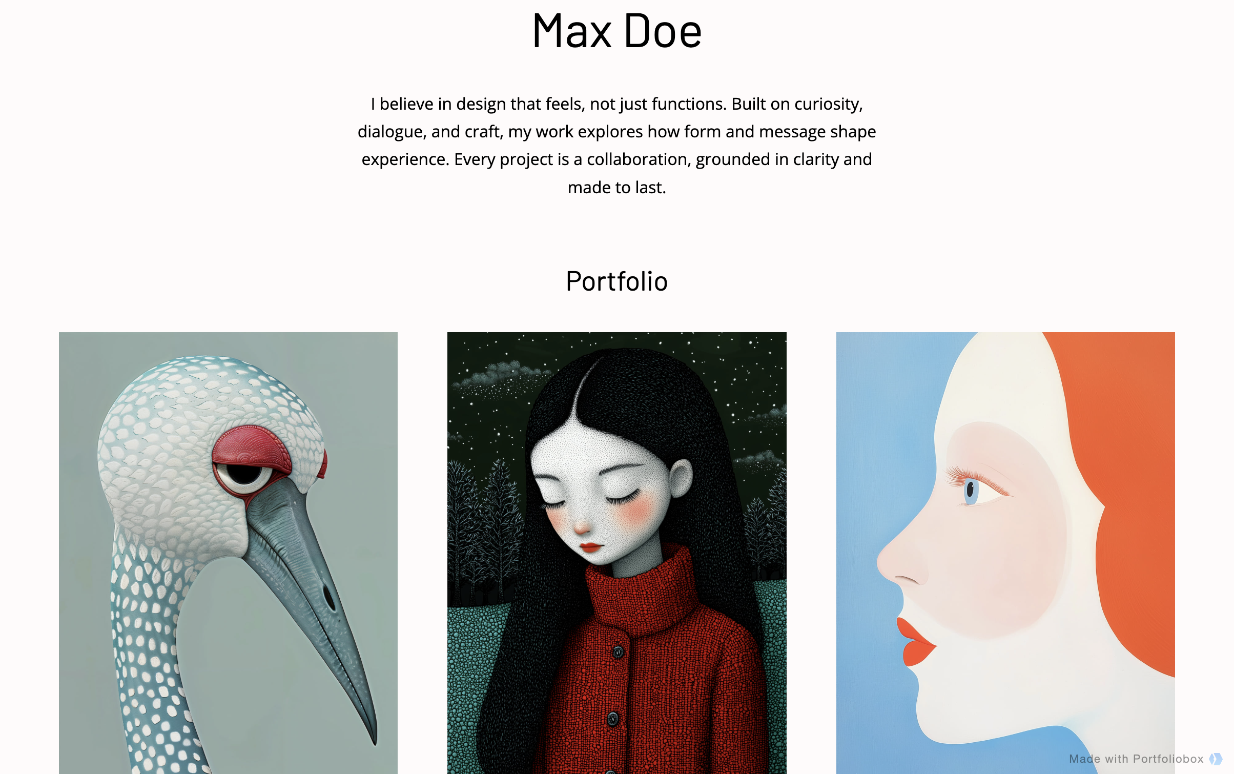 Example of artist portfolio website built with Portfoliobox