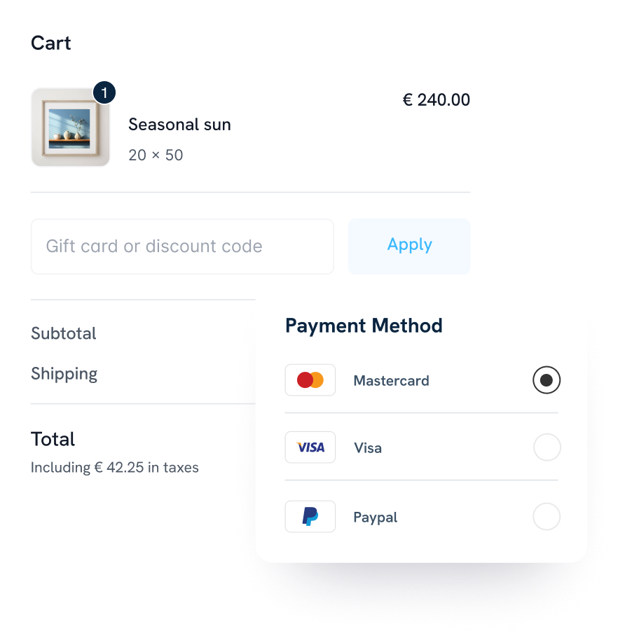 ウェブサイトビルダーで作成されたオンラインストアのチェックアウト機能。