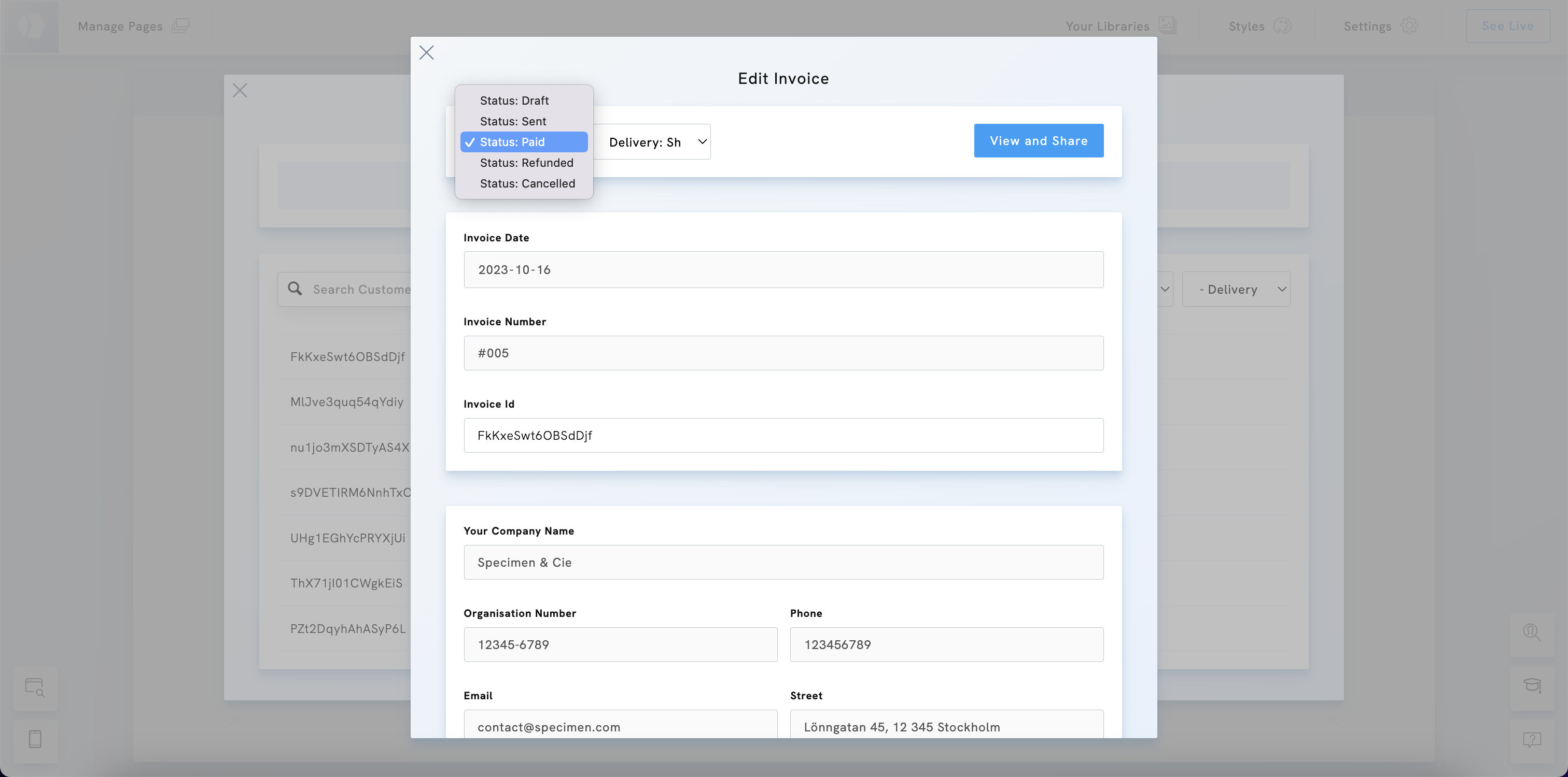 Invoice status in Portfoliobox