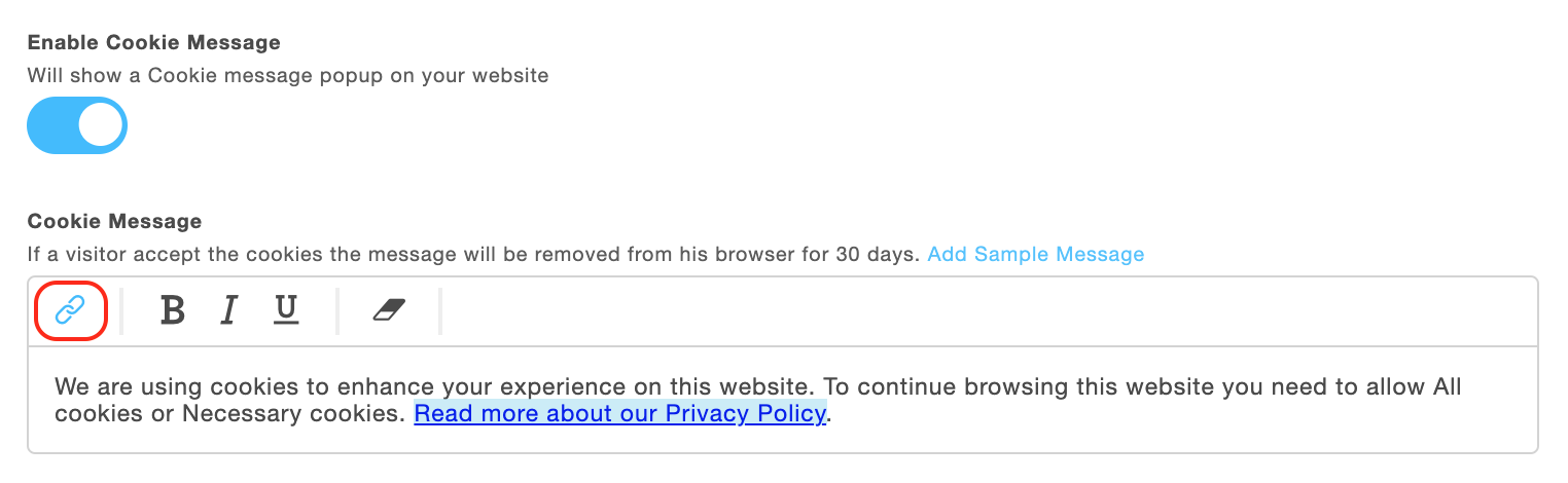 Add a link to a cookie message on Portfoliobox