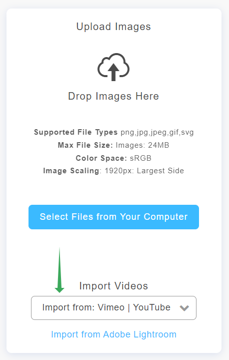 Import videos from: Vimeo or Youtube - Portfoliobox