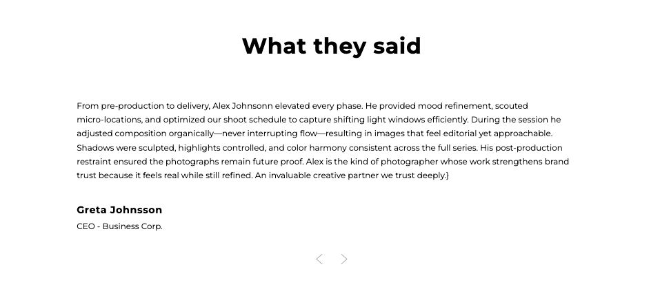 Display your clients' review on your portfolio website with a Carousel template